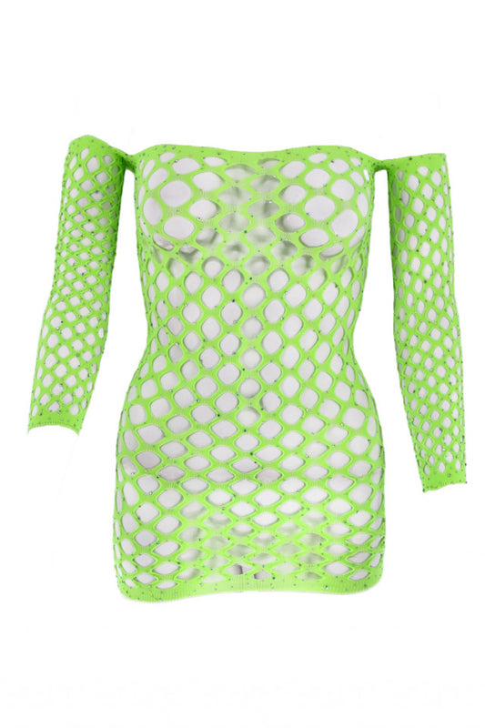 Lenjerie sexy, Desu din plasa, strasuri, NO1264, One Size INTL, Verde neon