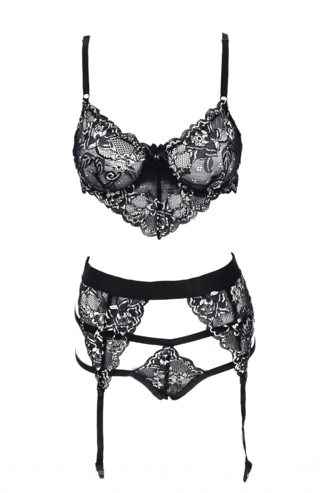 Lenjerie sexy din dantela, sutien, chiloti, ciorapi si portjartier, 4 piese, NO4030, One Size INTL, Negru