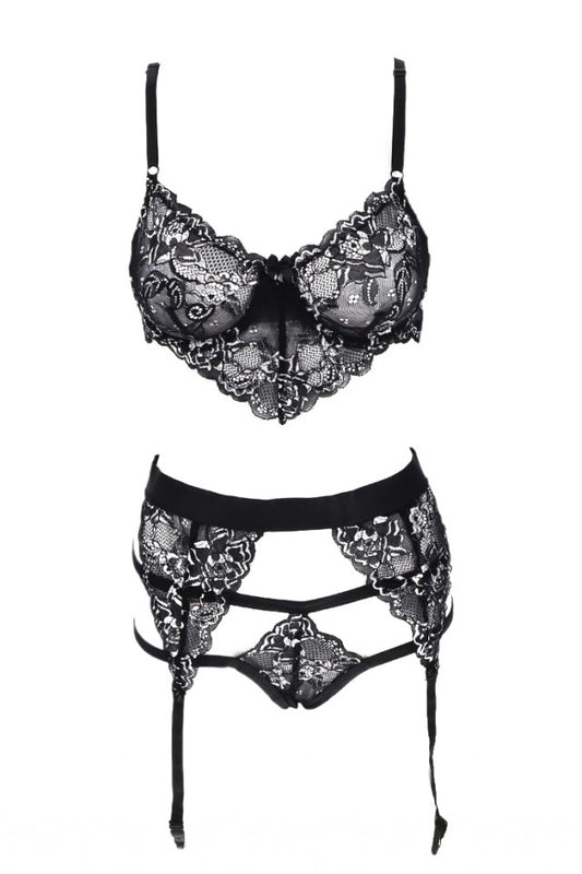 Lenjerie sexy din dantela, sutien, chiloti, ciorapi si portjartier, 4 piese, NO4030, One Size INTL, Negru