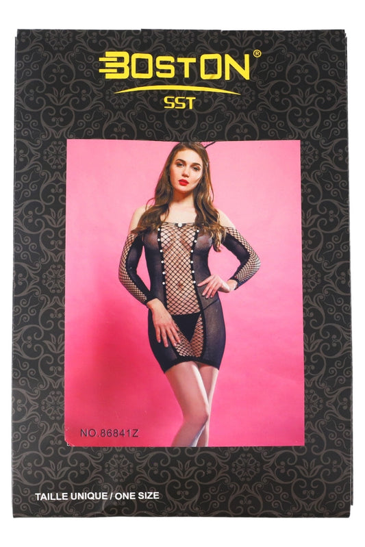 Lenjerie sexy, Rochie din plasa, perle, NO86841Z, One Size INTL, Negru
