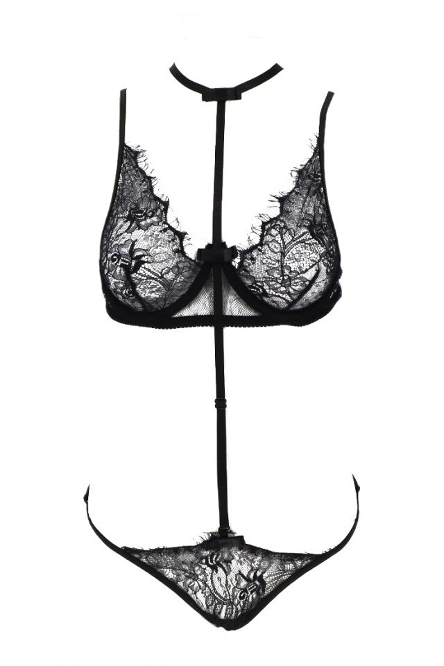Lenjerie sexy, tip body, dantela, NO4974, One Size INTL, Negru