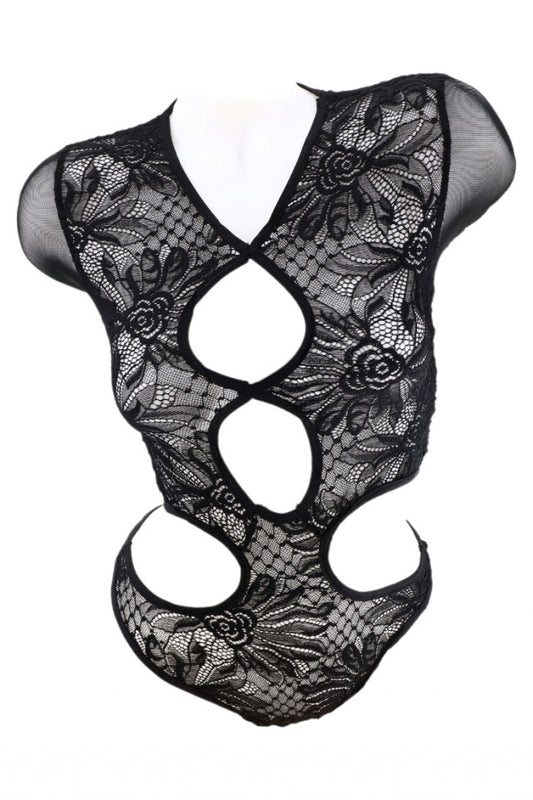 Lenjerie sexy, tip body, maneca lunga, dantela, NO7440, One Size INTL, Negru