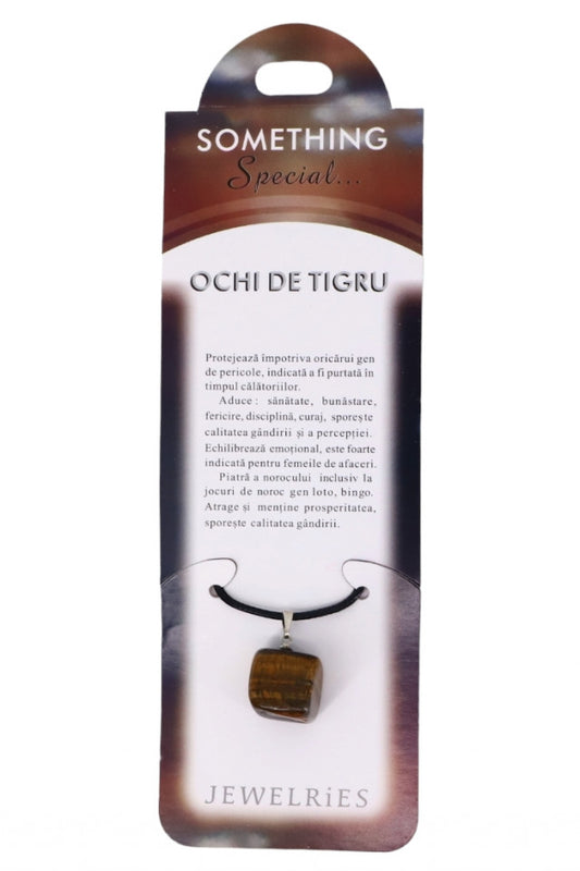 Pandantiv piatra semipretioasa cu lantisor, NO156, Ochi de Tigru, 1.5 x 1.7 cm, Maro