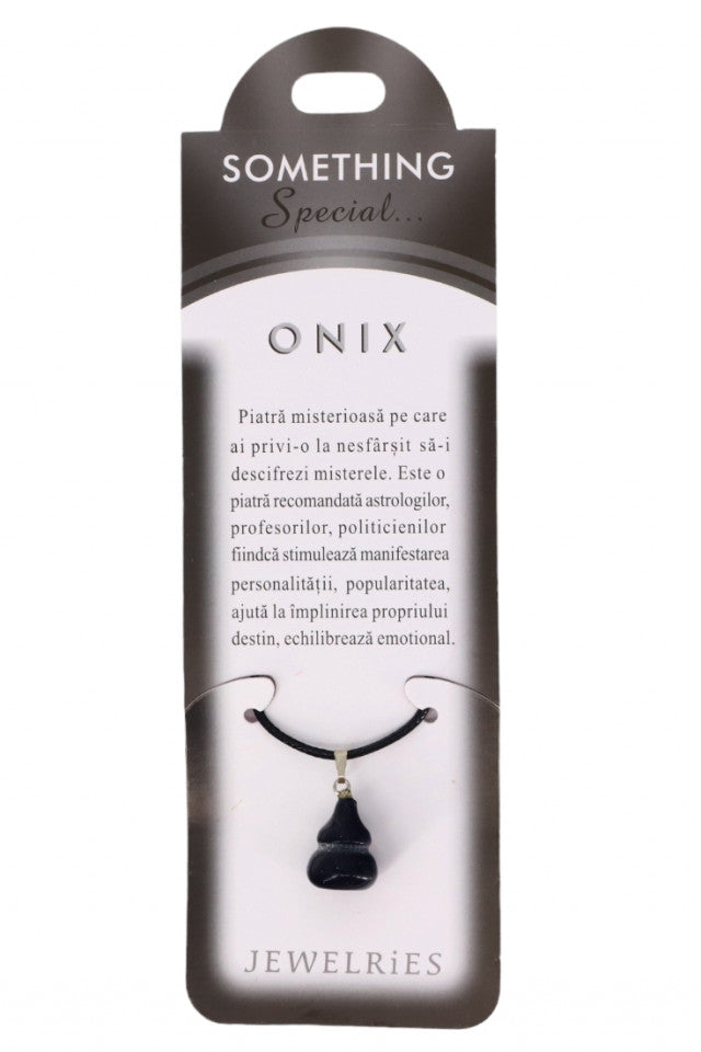 Pandantiv piatra semipretioasa cu lantisor, NO159, Onix, 1.3 x 1.8 cm, Negru