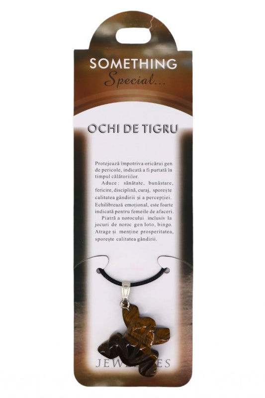 Pandantiv piatra semipretioasa cu lantisor, Ochi de Tigru, Broasca norocoasa, NO170, 3 cm, Maro