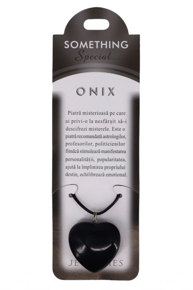Pandantiv piatra semipretioasa cu lantisor, Onix, Inima, NO162, 3.5 cm, Negru