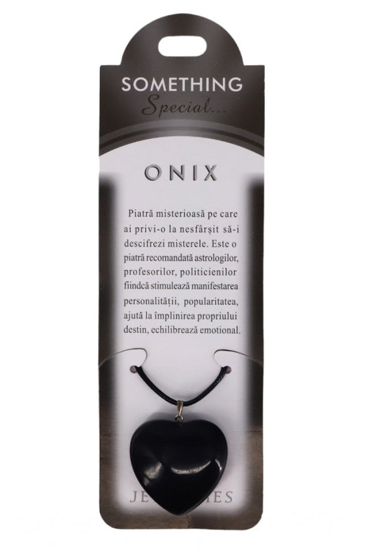 Pandantiv piatra semipretioasa cu lantisor, Onix, Inima, NO162, 3.5 cm, Negru