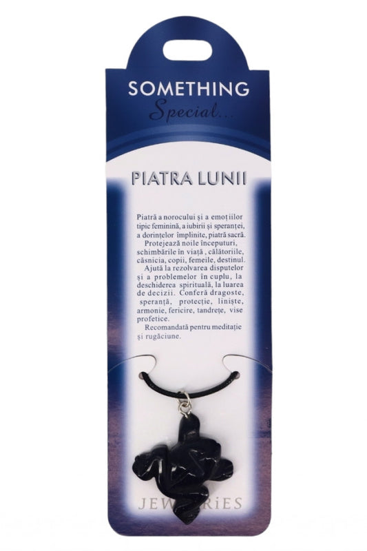Pandantiv piatra semipretioasa cu lantisor, Piatra Lunii, Broasca norocoasa, NO170, 3 cm, Negru