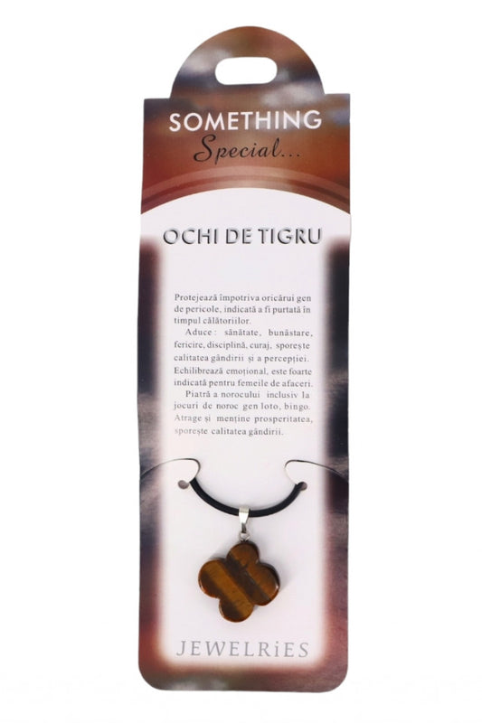Pandantiv piatra semipretioasa cu lantisor, trifoi, NO152, Ochi de Tigru, 2.3cm, Maro