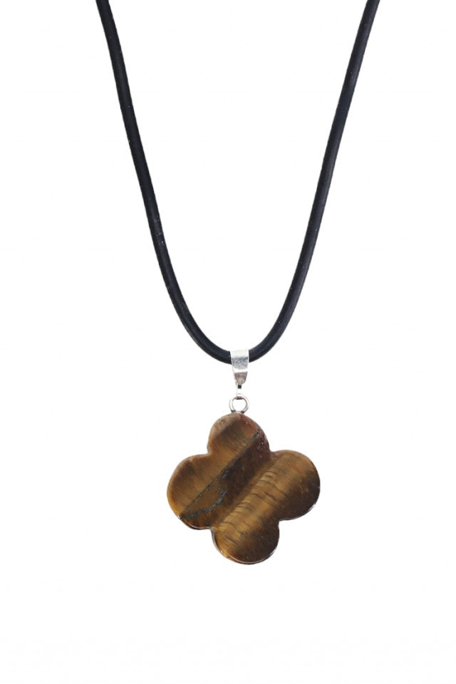 Pandantiv piatra semipretioasa cu lantisor, trifoi, NO152, Ochi de Tigru, 2.3cm, Maro
