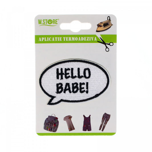 Petic textil / patch brodat, HELLO BABE!, 7 x 4.5 cm, Alb