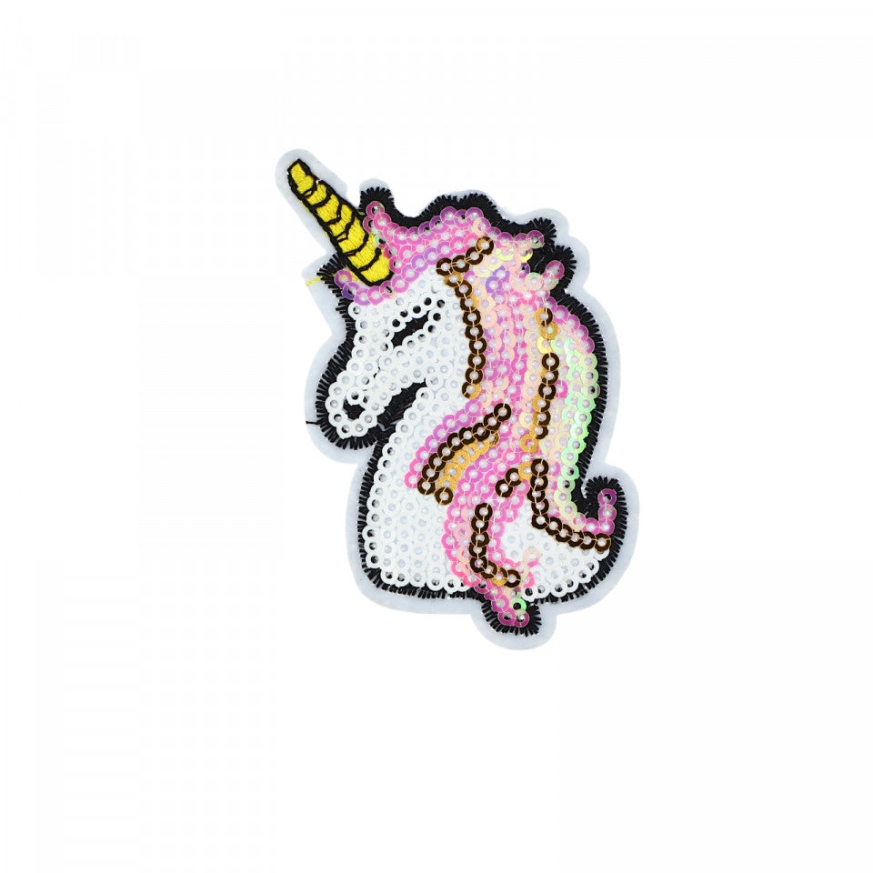 Petic textil / patch brodat, Unicorn cu paiete, 8.7 x 5.3 cm, Multicolor