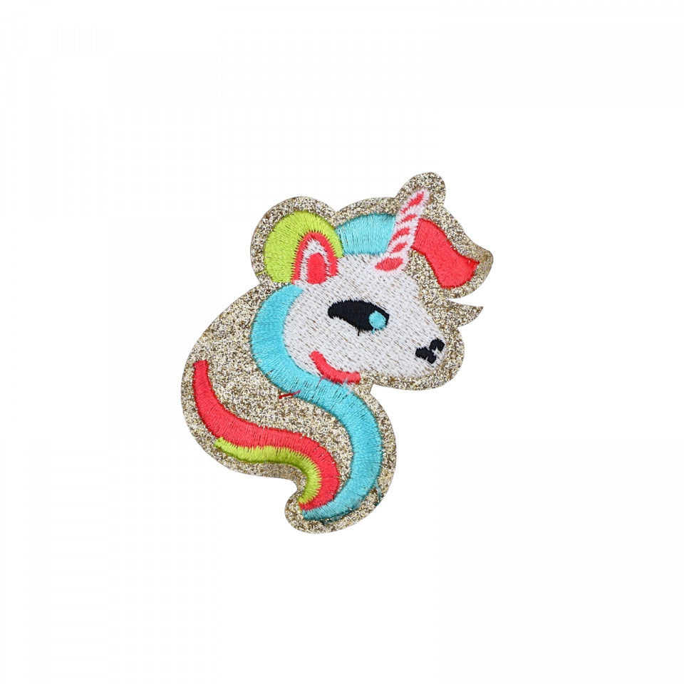 Petic textil / patch brodat, Unicorn cu sclipici, 7.7 x 5 cm, Multicolor