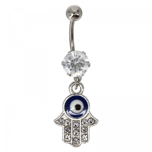 Piercing dama buric, inox, zirconiu, mana hamsa, 3.5 cm, NO6010, Argintiu
