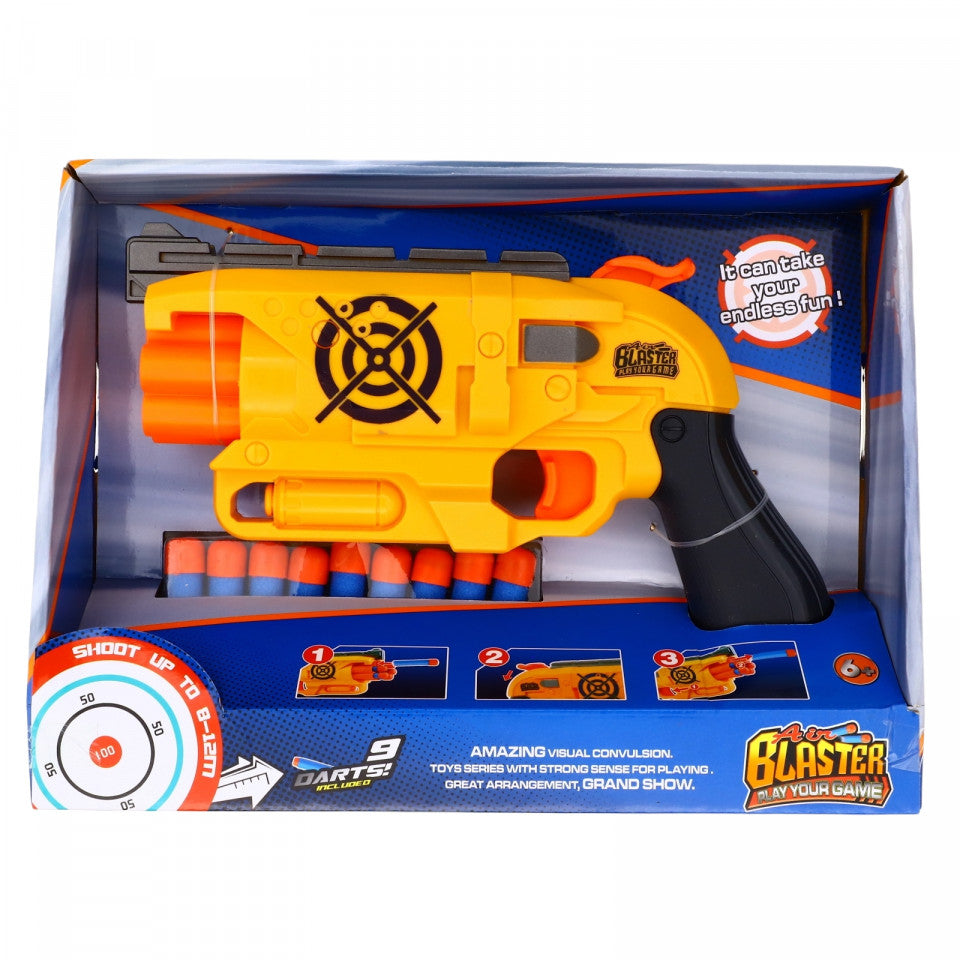 Pistol Nerf pentru copii,Blaster, cu 9 gloante moi din spuma, 26 x 10.3 x 5.5 cm, Galben