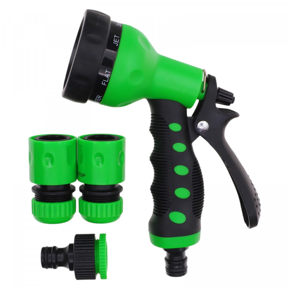 Pistol pentru udat, 8 functii, Maner, kit instalare, 20 cm, Verde / Negru