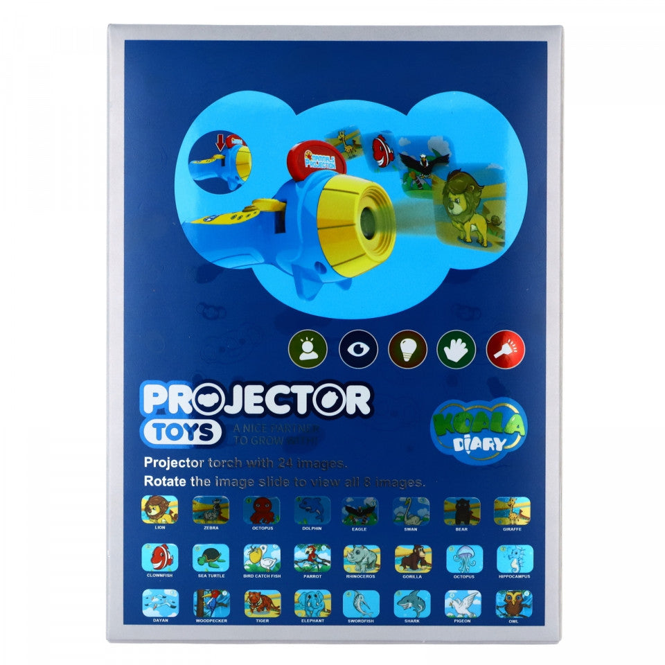 Proiector mini pentru copii, cu 3 discuri de proiectie, ce contin 24 imagini, mamifere, animale marine si pasari, Multicolor