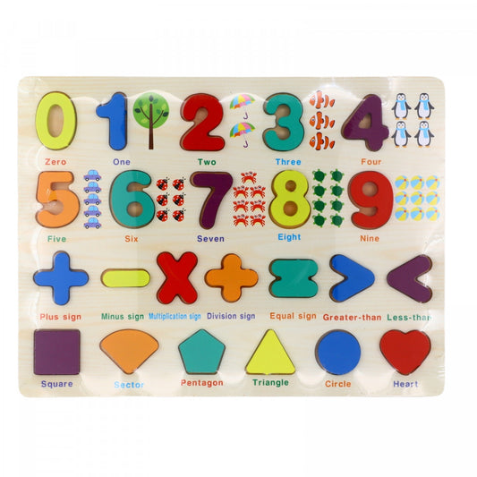 Puzzle educativ din lemn, cifre, semne matematice, forme geometrice, cu semnificatie pe tablita in limba engleza si desene 30 x 22.5 cm