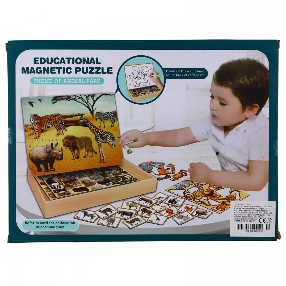 Puzzle magnetic, educational, Animale, cutie de depozitare 105 piese