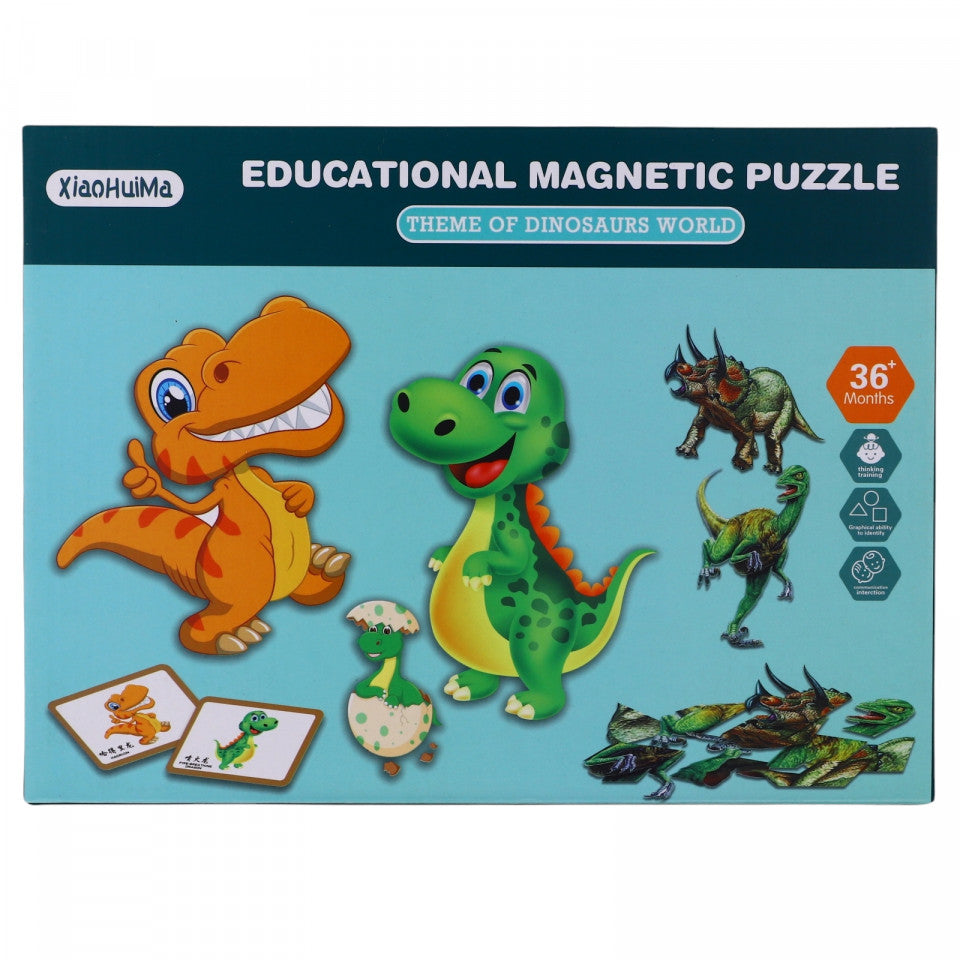 Puzzle magnetic, educational, Dinozauri, cutie de depozitare 105 piese