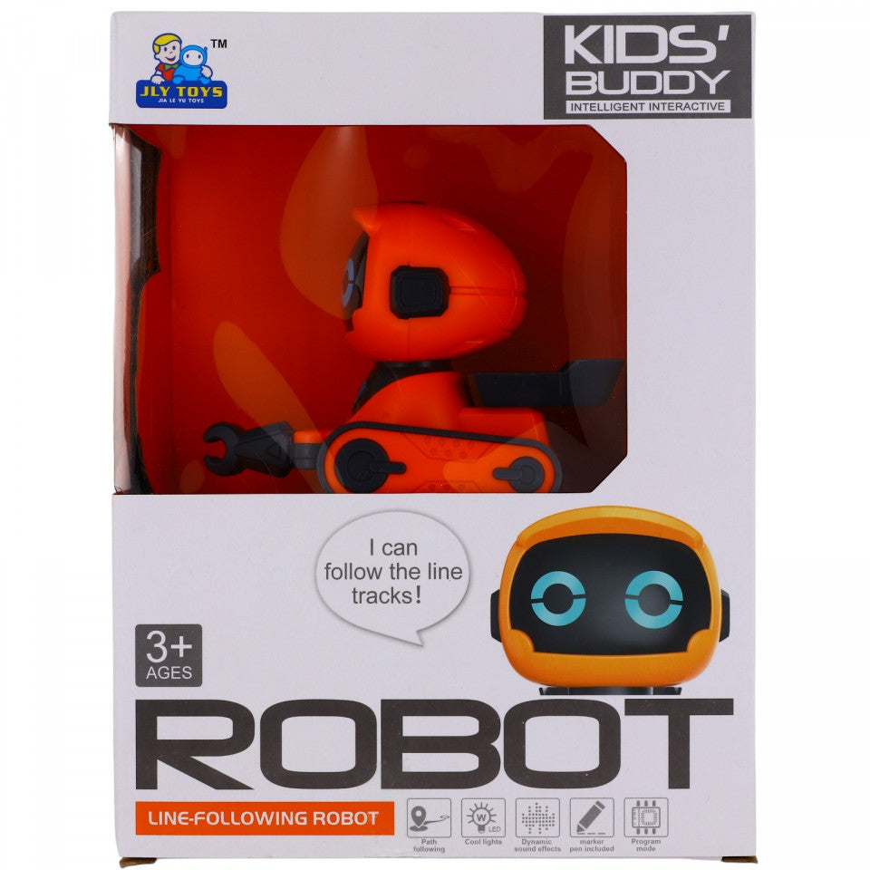 Robot inteligent, interactiv, cu marker, lumini si sunete, care urmareste linia trasata de marker, baterii incluse, 8.5 x 12.5 cm, Portocaliu