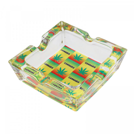 Scrumiera din sticla, patrat, model frunze de canabis cu scris, 7.8 x 2.6 cm, Multicolor