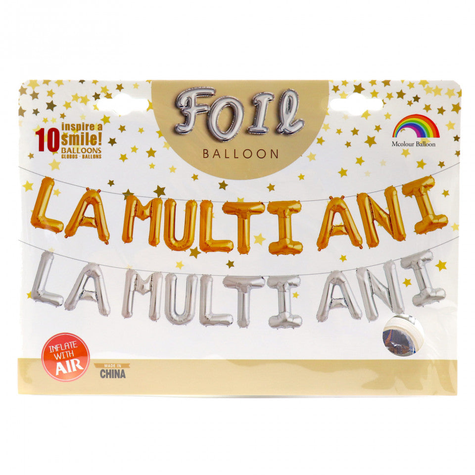 Set 10 baloane folie, mesaj " La Multi Ani ", Argintii, 40 cm