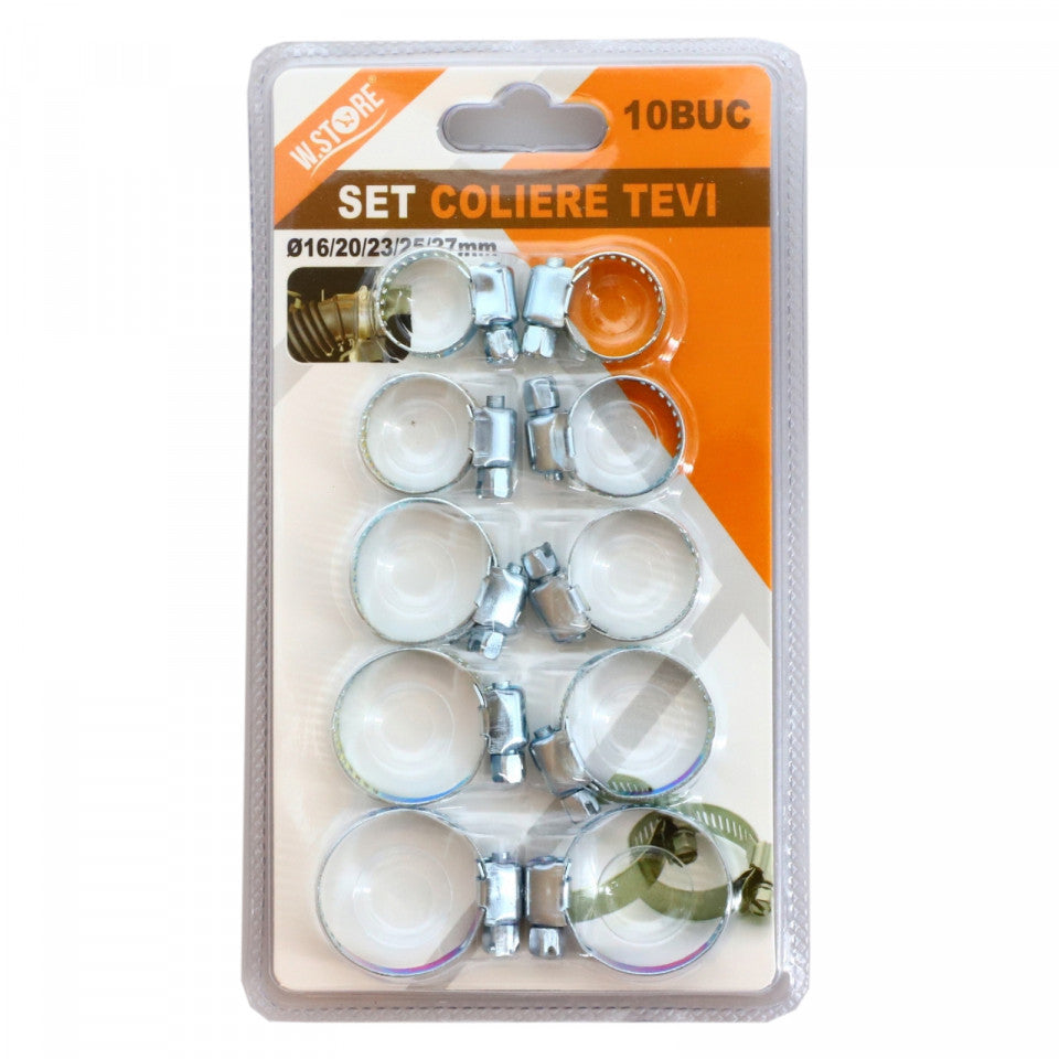 Set 10 Coliere metalice pentru tevi si furtune, cu reglaj manual, 16 /20/ 23 / 25 / 27 mm