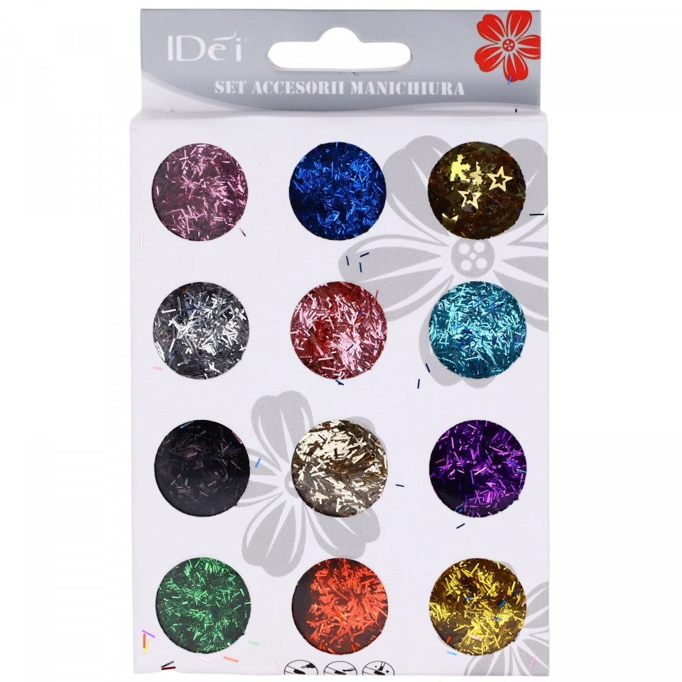 Set 12 bucati, Sclipici lung pentru unghii, Multicolor