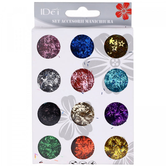 Set 12 bucati, Sclipici lung pentru unghii, Multicolor