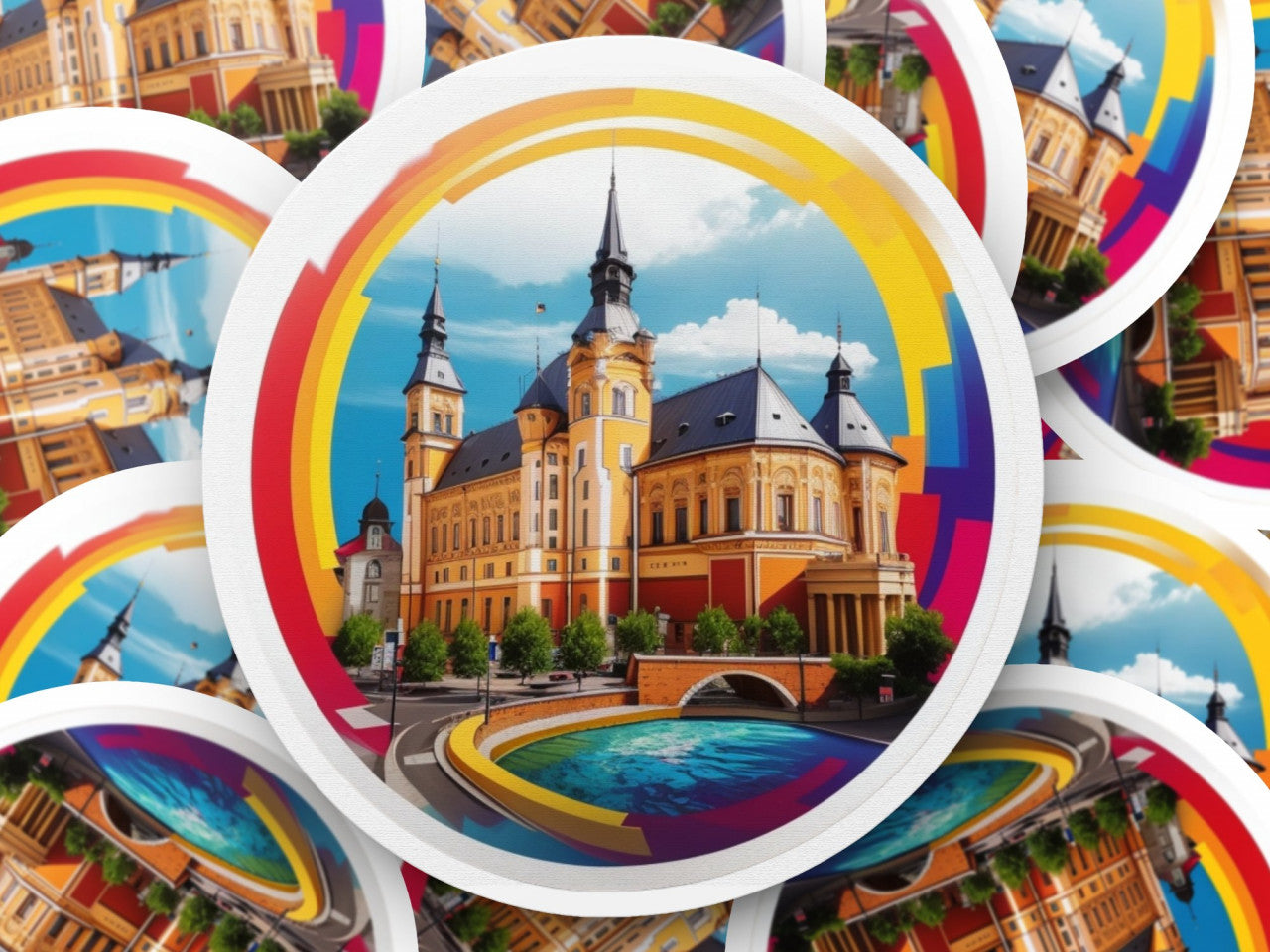 Set 12 bucati, Sticker decorativ, Biserica romaneasca, Rezistent la apa, NO3488, 6 cm, Multicolor