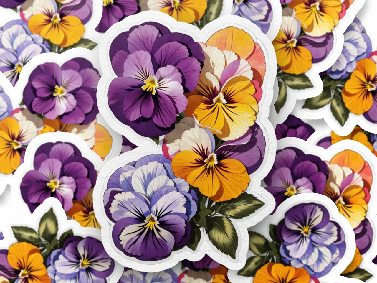 Set 12 bucati, Sticker decorativ, Buchet de flori de panselute, Rezistent la apa, NO3358, 6 cm, Multicolor