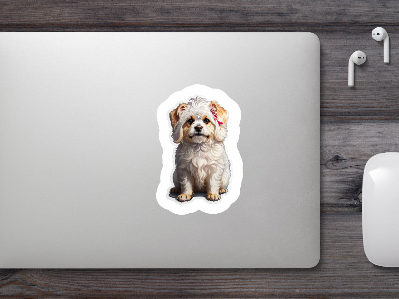 Set 12 bucati, Sticker decorativ, Caine Bichon maltez cu fundita, Rezistent la apa, NO3213, 6 cm, Multicolor