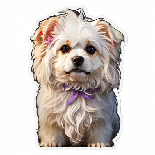 Set 12 bucati, Sticker decorativ, Caine Bichon maltez cu papion, Rezistent la apa, NO3214, 6 cm, Multicolor