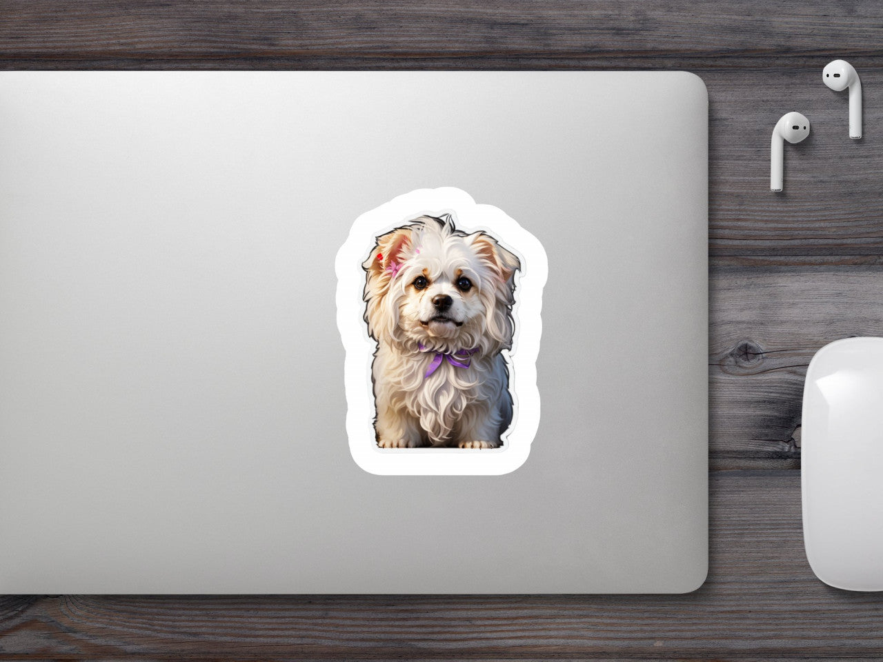 Set 12 bucati, Sticker decorativ, Caine Bichon maltez cu papion, Rezistent la apa, NO3214, 6 cm, Multicolor