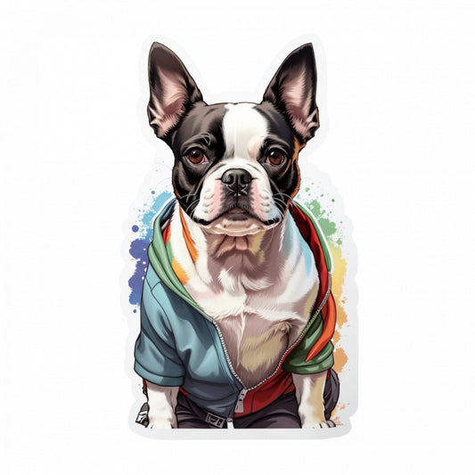 Set 12 bucati, Sticker decorativ, Caine Boston terrier cu bluza, Rezistent la apa, NO2609, 6 cm, Multicolor