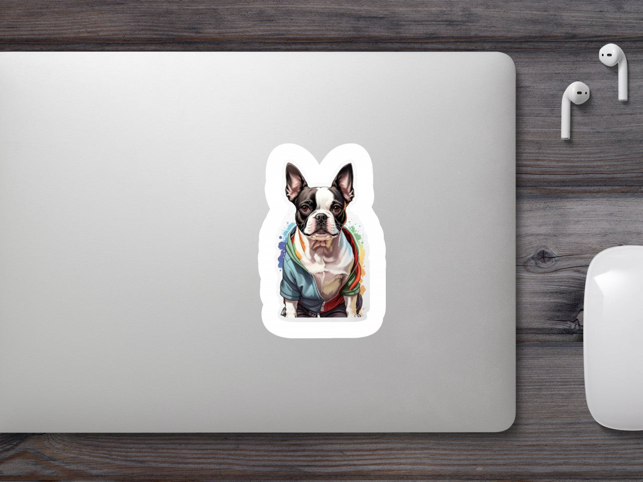 Set 12 bucati, Sticker decorativ, Caine Boston terrier cu bluza, Rezistent la apa, NO2609, 6 cm, Multicolor