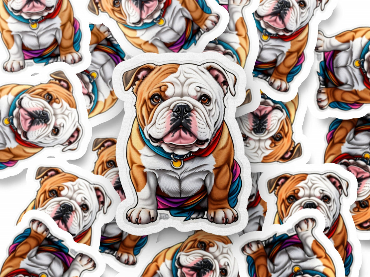 Set 12 bucati, Sticker decorativ, Caine Bulldog cu medalion, Rezistent la apa, NO2641, 6 cm, Multicolor