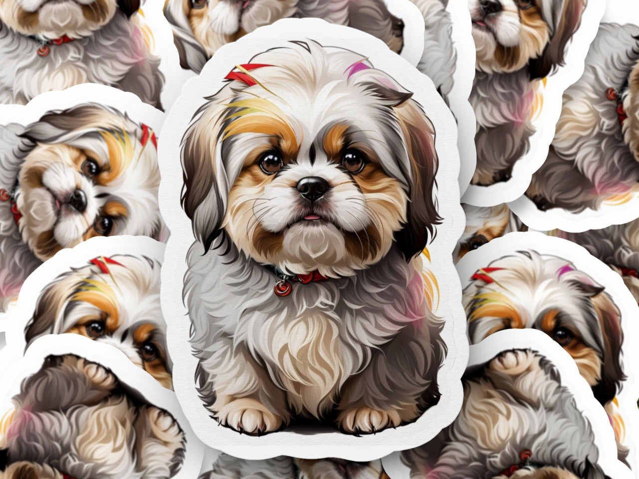 Set 12 bucati, Sticker decorativ, Caine Shih Tzu cu zgarda, Rezistent la apa, NO3571, 6 cm, Multicolor
