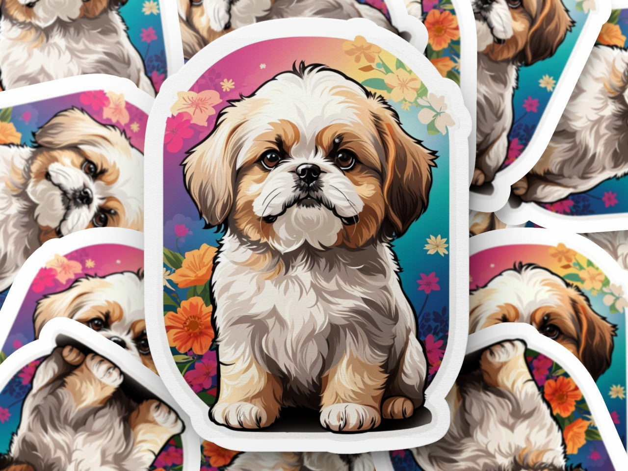 Set 12 bucati, Sticker decorativ, Caine Shih Tzu, Rezistent la apa, NO3569, 6 cm, Multicolor