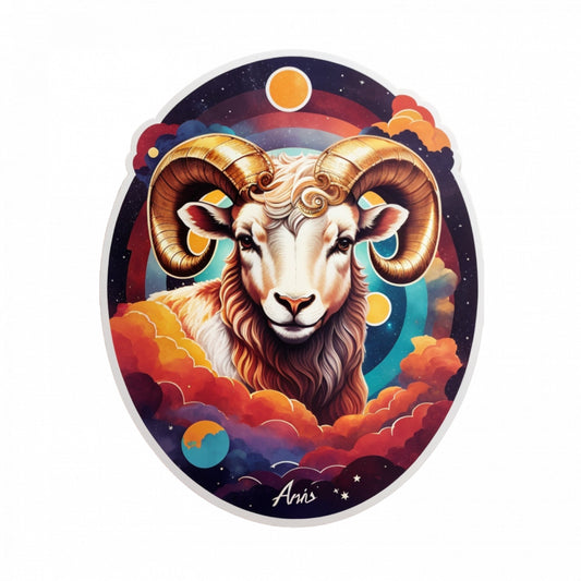 Set 12 bucati, Sticker decorativ, Cap de berbec si planete simbol zodia berbec, Rezistent la apa, NO2497, 6 cm, Multicolor