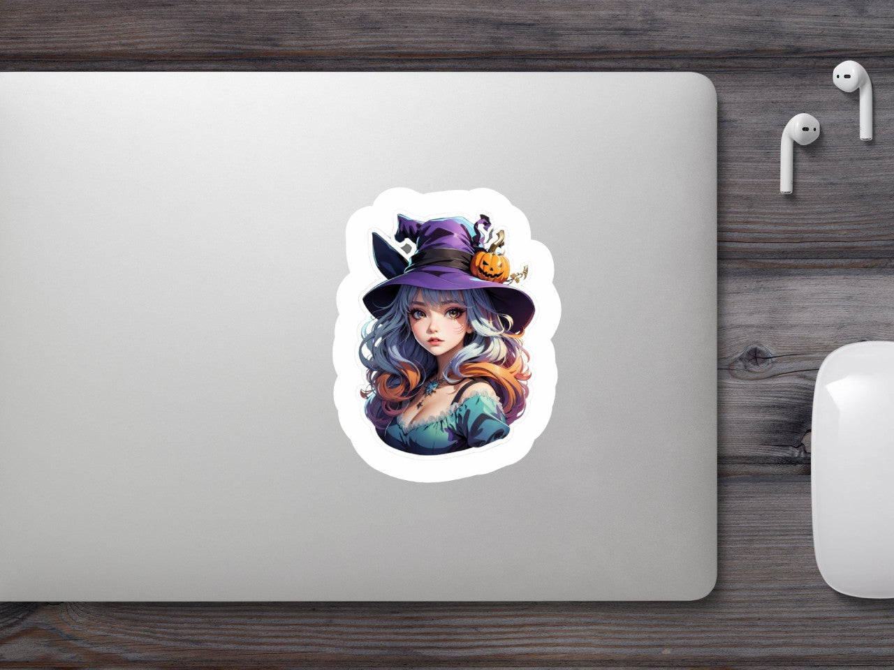 Set 12 bucati, Sticker decorativ, Fata cu palarie de halloween, Rezistent la apa, NO4220, 6 cm, Multicolor