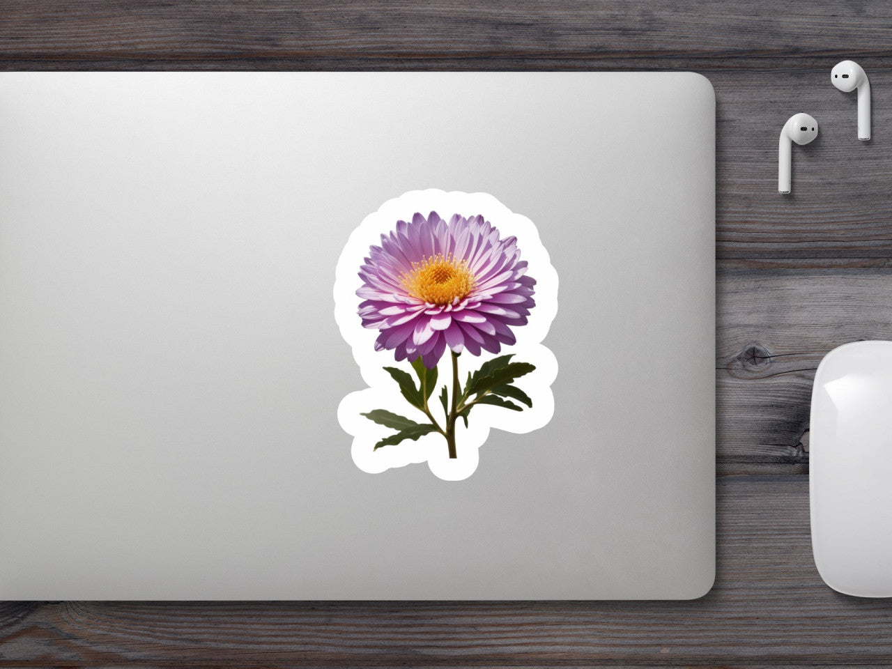 Set 12 bucati, Sticker decorativ, Floare Aster cu frunze, Rezistent la apa, NO2485, 6 cm, Multicolor