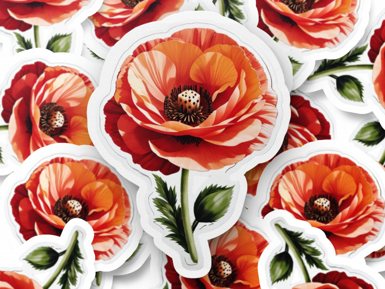 Set 12 bucati, Sticker decorativ, Floare de mac, Rezistent la apa, NO3448, 6 cm, Multicolor