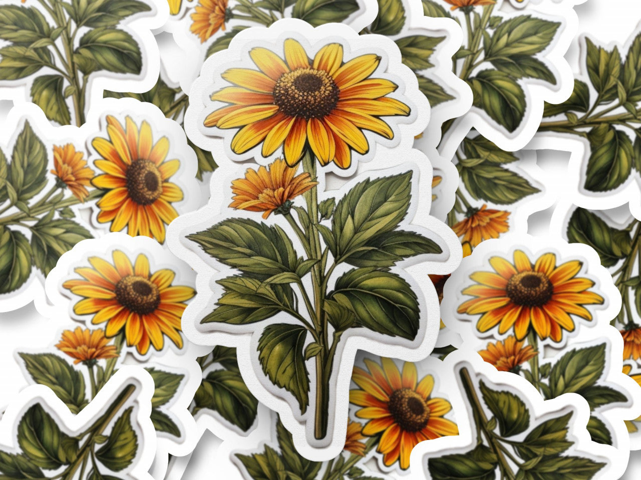 Set 12 bucati, Sticker decorativ, Floare de Rudbeckia, Rezistent la apa, NO3506, 6 cm, Multicolor