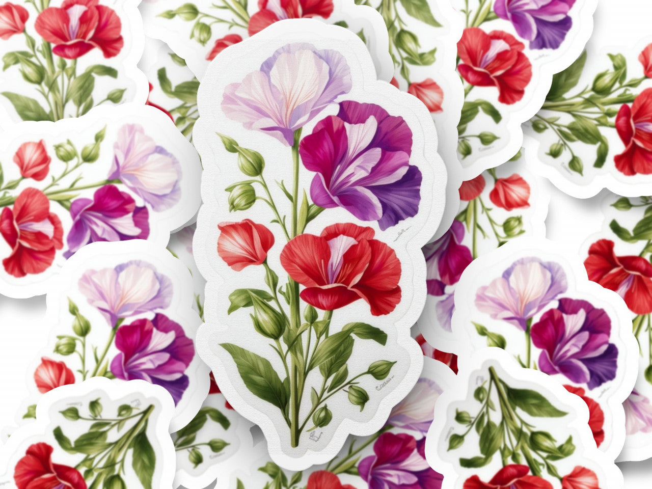 Set 12 bucati, Sticker decorativ, Floare de Sweet Pea, Rezistent la apa, NO3620, 6 cm, Multicolor