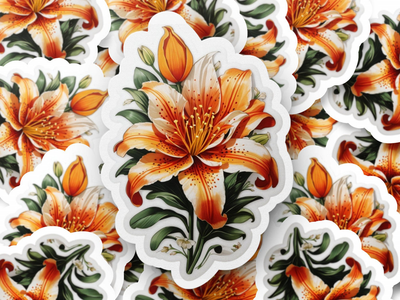 Set 12 bucati, Sticker decorativ, Floare de Tiger lily cu boboci, Rezistent la apa, NO3649, 6 cm, Multicolor