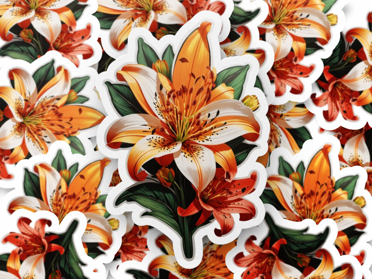 Set 12 bucati, Sticker decorativ, Floare de Tiger lily, Rezistent la apa, NO3647, 6 cm, Multicolor