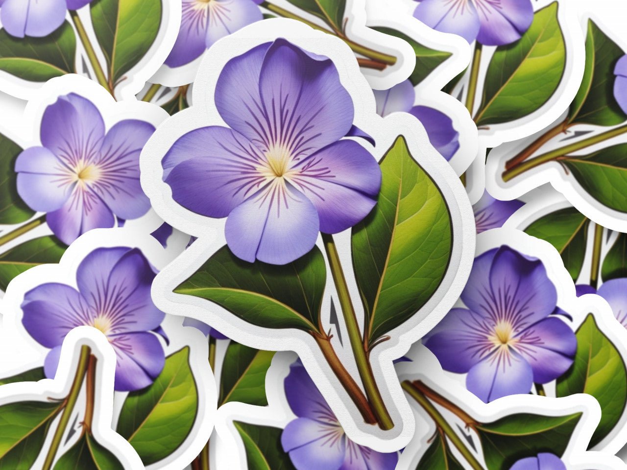 Set 12 bucati, Sticker decorativ, Floare de vinca cu frunze, Rezistent la apa, NO3389, 6 cm, Multicolor