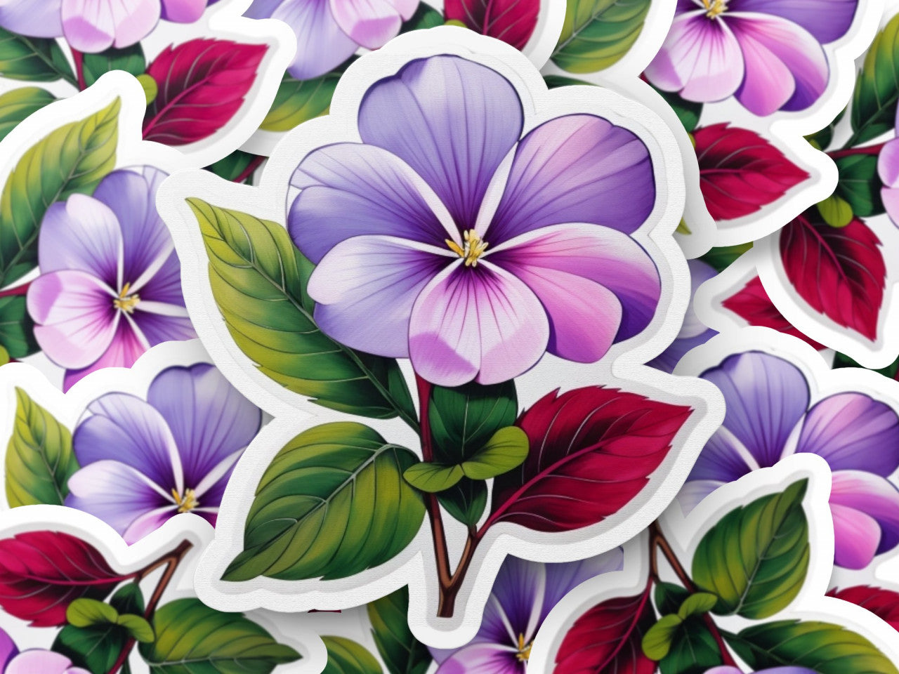 Set 12 bucati, Sticker decorativ, Floare de vinca, Rezistent la apa, NO3387, 6 cm, Multicolor